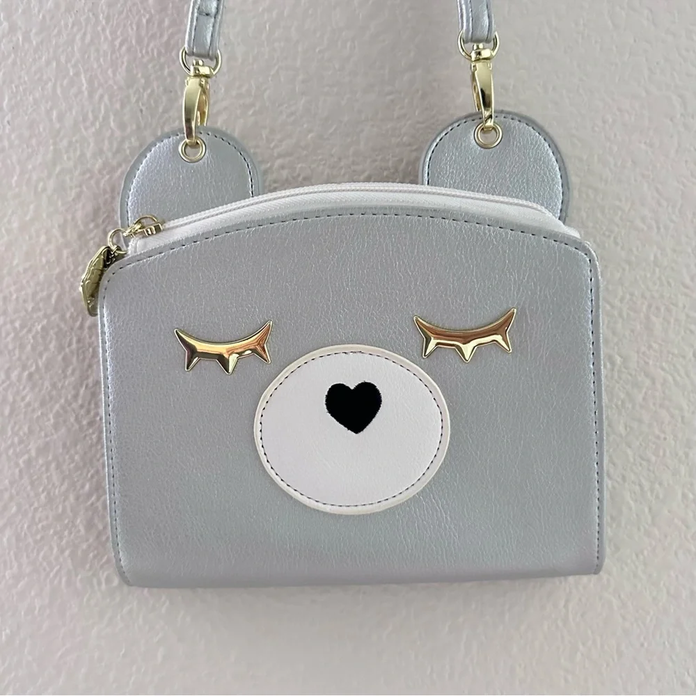 Luv Betsey Silver White Mini Metallic Structured Bear Crossbody Bag